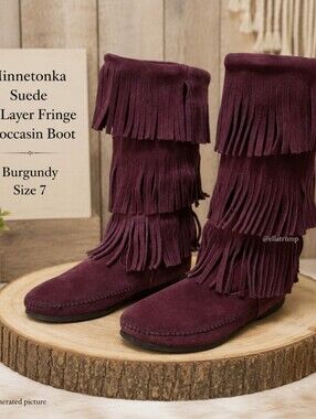 Minnetonka Suede 3-Layer Fringe Moccasin Boot Burgundy Size 7